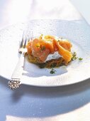 Grilled vegetable rösti with lime sour cream and smoked salmon