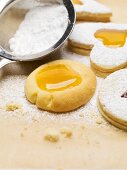 Jam biscuits dusted with icing sugar