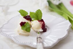 Vanilla ice cream with raspberry sauce and lemon balm