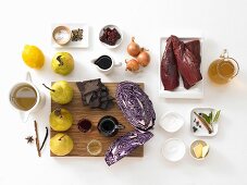 Ingredients for loin of venison with chocolate red cabbage & spiced pears