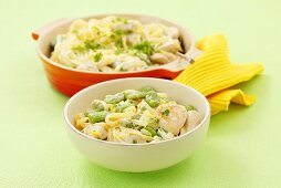 Ribbon pasta with chicken, broad beans and cream sauce