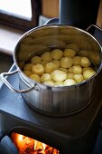 Peeled potatoes in a pot of water