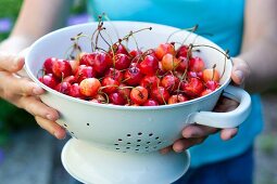 A woman holding a colander of cherries