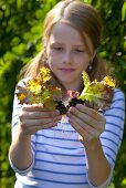 A girl holding lettuce seedlings