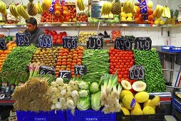 A market stall with fruit and vegetables (Mercat de St. Josep (Boqueria), Las Ramblas, Barcelona, Spain)