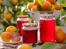 Blood orange jelly in jam jars