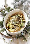 Carp with mushrooms and onions for Christmas