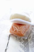 Frozen salmon fillet in plastic packaging