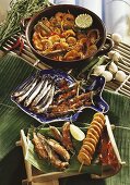 Sour noodle & fish stew &fried anchovies with banana kebab