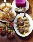 Sicilian vegetables, polenta muffins, beef & pork fillets with pesto