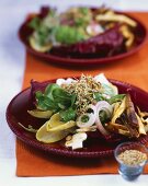 Salad leaves with tofu, mushrooms and clover sprouts