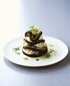 Grilled aubergine slices with haddock puree