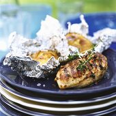 Grilled chicken with baked potatoes
