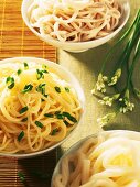 Three Asian noodle dishes