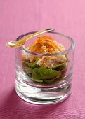 Shrimp salad with dried apricots on spinach