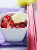 Strawberry and rhubarb compote with vanilla ice cream