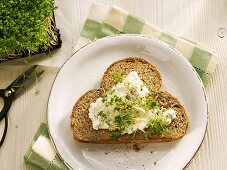 Eine Scheibe Sonnenblumenbrot mit Hüttenkäse und Kresse