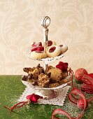 Assorted Christmas biscuits on a cake stand