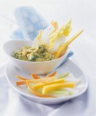 Vegetable sticks with avocado and chick-pea dip