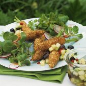 Breaded carrots with corn salad and grape and apple salsa