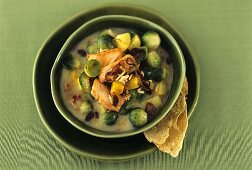 Brussels sprout and potato curry with salmon
