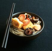 Fried tofu with mushrooms on soba noodles