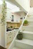 Grünpflanze auf weisser Holztreppe vor offener Landhausküche