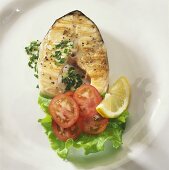 Grilled fish cutlet (sturgeon) with salad