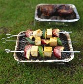 Three vegetable & tofu kebabs on small barbecue out of doors