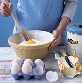 Baking ingredients: eggs, flour, butter and sugar