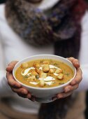 Butternut squash soup with crème fraîche and croutons