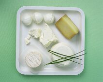 Five different cheeses on tray