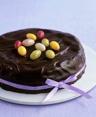 Chocolate sponge cake with sugar eggs for Easter
