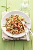 A portion of spaghetti with shrimps & ramsons (wild garlic)