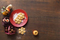 Marzipan fruits, potatoes and biscuits