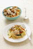 Linguine with salmon, courgette and carrots