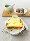 Lasagne with potatoes, minced meat and mushrooms