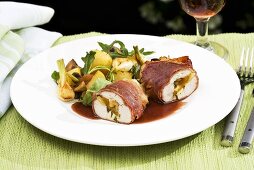 Stuffed chicken breast with apricots wrapped in bacon