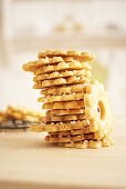A stack of shortbread rings on a wire rack