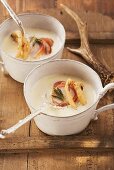 White onion soup with coffee and pheasant breast