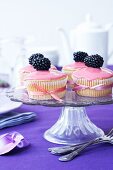 Muffins with pink sugar icing and blackberries