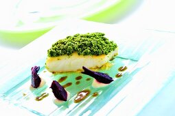 Fish with herb crust, beetroot and white bean puree