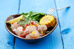 Ceviche with onion and chilli, corn and salad leaves, Peru