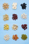 Various kinds of beans on blue background