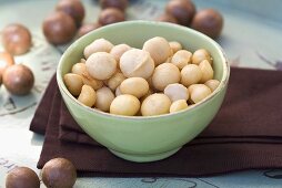 Shelled macadamia nuts in a small bowl