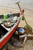 Picnic in a boat on a sandy beach