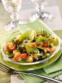 Spring vegetables with smoked salmon and basil
