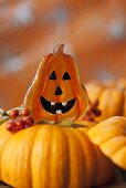 Pumpkin with amusing face and rowan berries