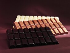 Three bars of chocolate (dark, milk and white)