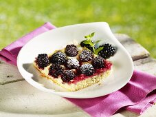 Piece of blackberry cake on plate